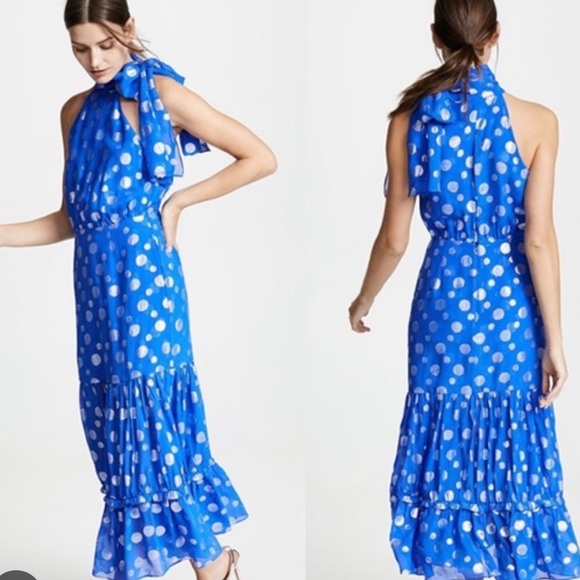 RIXO Eleanor Lame Blue and Silver Polka Dot Sleeveless Dress - Picture 7 of 7